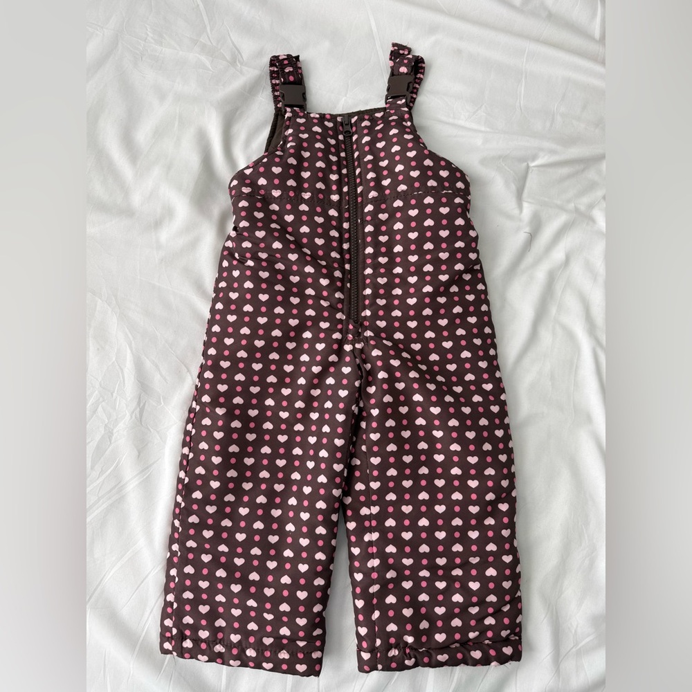 London Fog Brown Snowsuit Overalls with Pink Heart Print